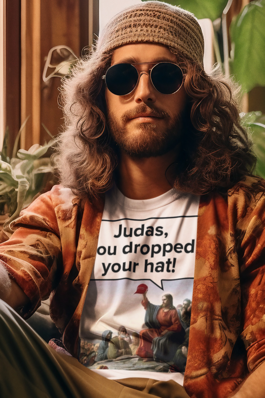 Man sitting in a cozy room with plants, wearing a graphic t-shirt and sunglasses.